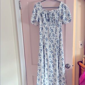 Blue and White Square Neck Maxi Sundress
